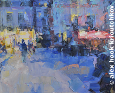 Painting titled "Montmartre at night…" by Alex Hook Krioutchkov, Original Artwork, Oil Mounted on Wood Stretcher frame
