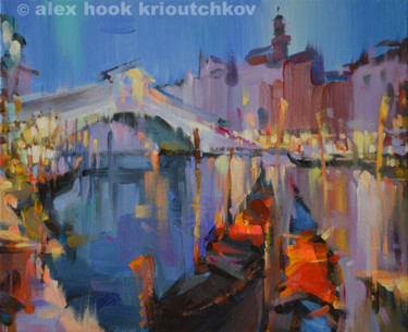 Painting titled "Venice at night II" by Alex Hook Krioutchkov, Original Artwork, Oil Mounted on Wood Stretcher frame