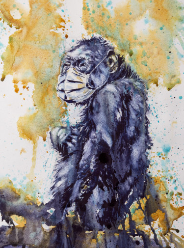 Painting titled "Hominidés en danger…" by Alexis Boisset, Original Artwork, Watercolor