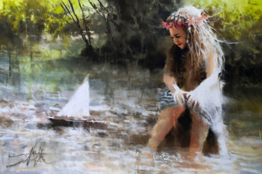Peinture intitulée "Bateau sur l'eau II" par Alexis Le Borgne, Œuvre d'art originale, Pastel