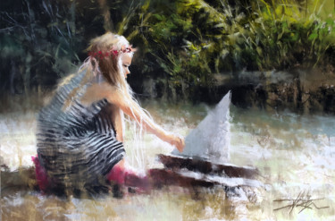 Peinture intitulée "Bateau sur l'eau I" par Alexis Le Borgne, Œuvre d'art originale, Pastel