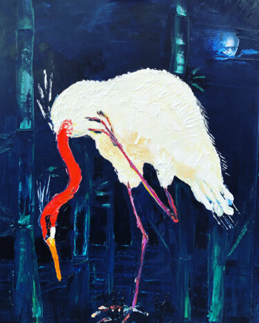 Pintura intitulada "Oiseau et bambous" por Alexis Schultz, Obras de arte originais, Óleo
