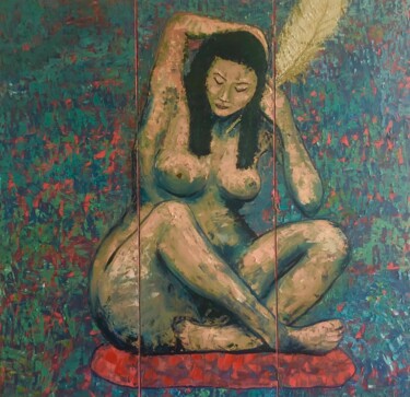 Painting titled "Femme assise" by Alexis Schultz, Original Artwork, Oil Mounted on Wood Stretcher frame