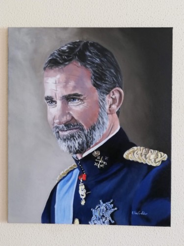 Schilderij getiteld "Koning Felipe Spanje" door Alexis Van Gelder, Origineel Kunstwerk, Olie