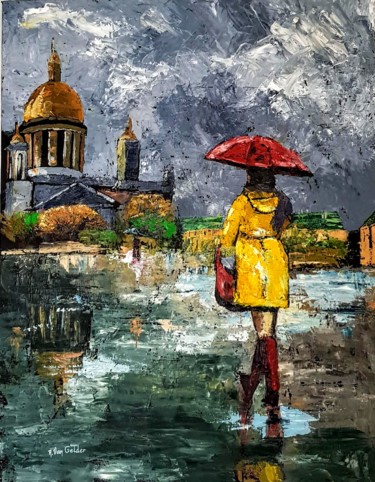 Schilderij getiteld "Vrouw in regen" door Alexis Van Gelder, Origineel Kunstwerk, Olie