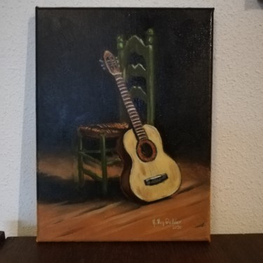 Schilderij getiteld "Stilleven gitaar" door Alexis Van Gelder, Origineel Kunstwerk, Olie