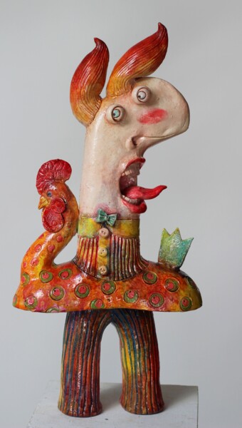 Sculpture titled "Jadę na kogucie! ty…" by Alex Johanson, Original Artwork, Clay