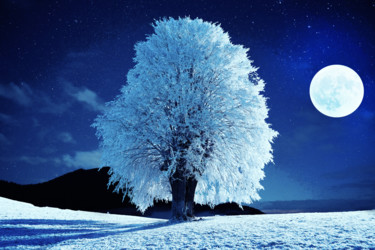 Digital Arts titled "Moonlit Winter Night" by Alex Mir, Original Artwork, Digital Painting