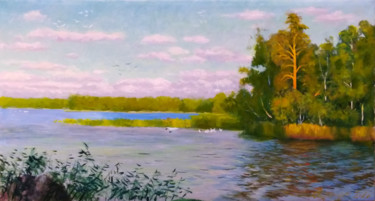 Painting titled "Вечер на озере" by Alexander Bezrodnykh, Original Artwork, Oil