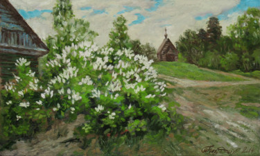 Painting titled "сирень.часовня" by Alexander Bezrodnykh, Original Artwork, Oil