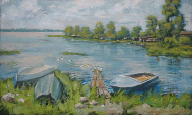 Peinture intitulée "Лодки на берегу" par Alexander Bezrodnykh, Œuvre d'art originale, Huile