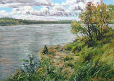 Картина под названием "река(рыбачек)" - Alexander Bezrodnykh, Подлинное произведение искусства, Масло