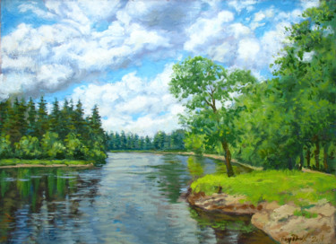 Painting titled "река в лесу" by Alexander Bezrodnykh, Original Artwork, Oil