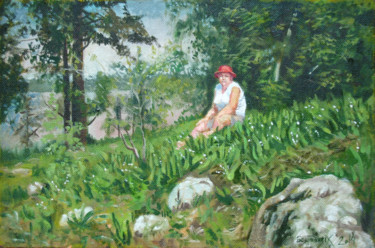 Painting titled "ландыши на острове" by Alexander Bezrodnykh, Original Artwork, Oil