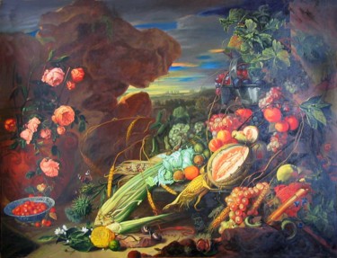 Pittura intitolato "Плоды и ваза с цвет…" da Alexander Bezrodnykh, Opera d'arte originale, Olio