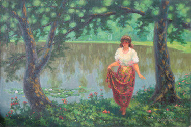 Painting titled "девушка у озера" by Alexander Bezrodnykh, Original Artwork, Oil