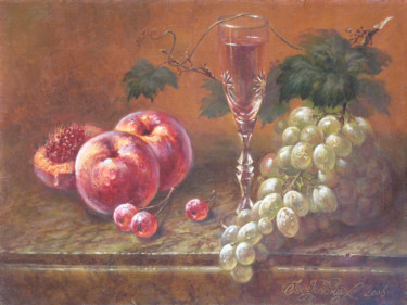Painting titled "персики и вишня" by Alexander Bezrodnykh, Original Artwork, Oil