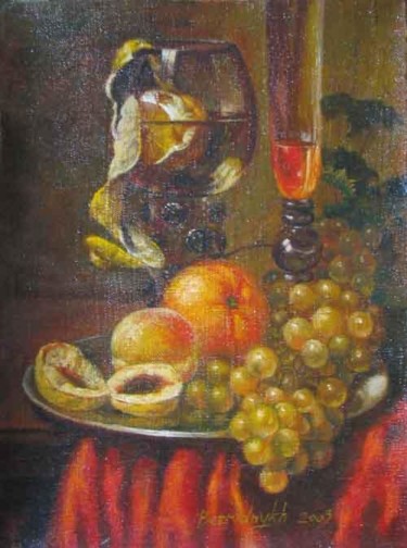 Painting titled "бокалы с фруктами." by Alexander Bezrodnykh, Original Artwork, Oil