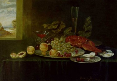 Malerei mit dem Titel "Омар и фрукты на ст…" von Alexander Bezrodnykh, Original-Kunstwerk, Andere