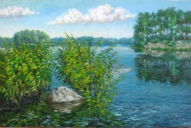 Painting titled "lake" by Alexander Bezrodnykh, Original Artwork, Oil