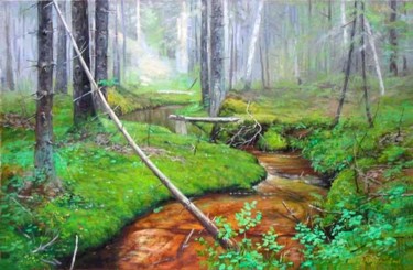 Painting titled "creek in wood" by Alexander Bezrodnykh, Original Artwork, Oil