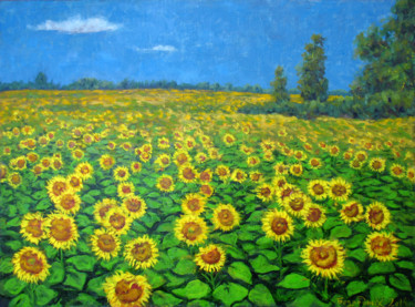 Painting titled "Field of sunflowers" by Alexander Bezrodnykh, Original Artwork, Oil