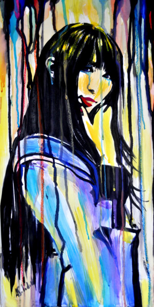 Peinture intitulée "Japanese Girl Smili…" par Alex Solodov, Œuvre d'art originale, Encre