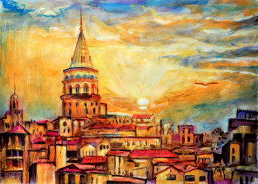 Pittura intitolato "Sunset over Galata…" da Alex Solodov, Opera d'arte originale, Acquarello