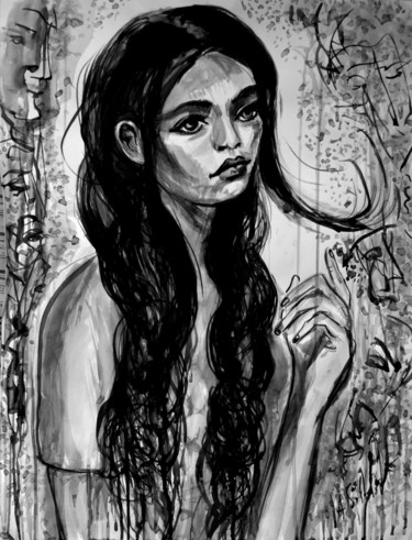 Painting titled "Girl in Autumn Mood" by Alex Solodov, Original Artwork, Ink