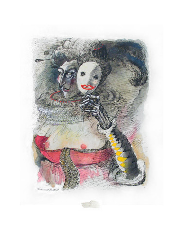 Dibujo titulada "Mask" por Alexander Ustinoff, Obra de arte original, Acuarela