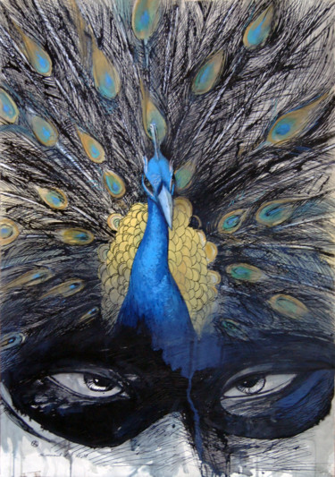 Tekening getiteld "Peacock" door Alexander Ustinoff, Origineel Kunstwerk, Aquarel