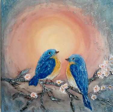 Painting titled "Blue birds (Синие п…" by Alla Kosteleckaya, Original Artwork, Acrylic Mounted on Wood Stretcher frame