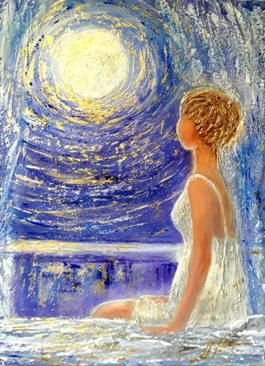 Painting titled "Full moon 1" by Alla Kosteleckaya, Original Artwork, Acrylic Mounted on Wood Stretcher frame
