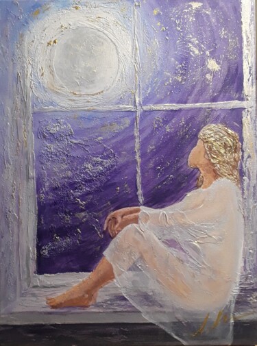 Painting titled "Full moon 3" by Alla Kosteleckaya, Original Artwork, Acrylic Mounted on Wood Stretcher frame