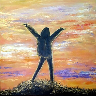 Картина под названием "Orange sky (figurat…" - Alla Kosteleckaya, Подлинное произведение искусства, Акрил Установлен на Дере…