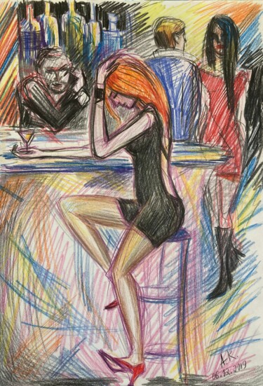 Dessin intitulée "In the Bar" par Alfia Kircheva, Œuvre d'art originale, Crayon