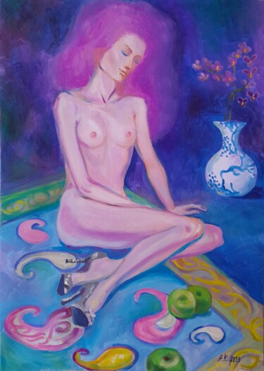 Painting titled "Woman with Pink Hair" by Alfia Kircheva, Original Artwork, Oil Mounted on Wood Stretcher frame