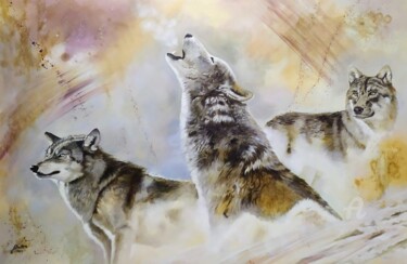 Painting titled "LOBOS" by Alfonso Jimenez Barrera, Original Artwork, Oil Mounted on Wood Panel