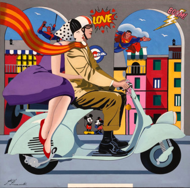 Painting titled ""PASSAGGIO IN VESPA"" by Alfredo Pieramati, Original Art, Oil