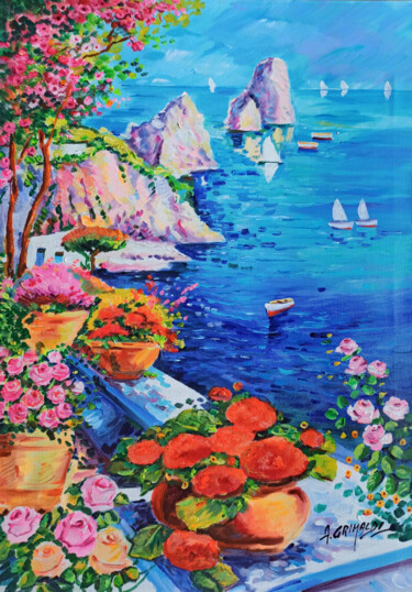 Painting titled "Capri terrace view…" by Alfredo Grimaldi, Original Artwork, Oil Mounted on Wood Stretcher frame