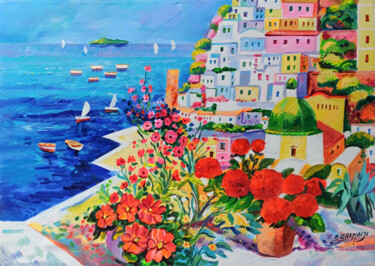 Painting titled "Positano with flowe…" by Alfredo Grimaldi, Original Artwork, Oil Mounted on Wood Stretcher frame