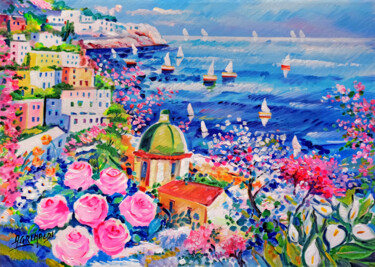 Painting titled "Positano spring - A…" by Alfredo Grimaldi, Original Artwork, Oil Mounted on Wood Stretcher frame
