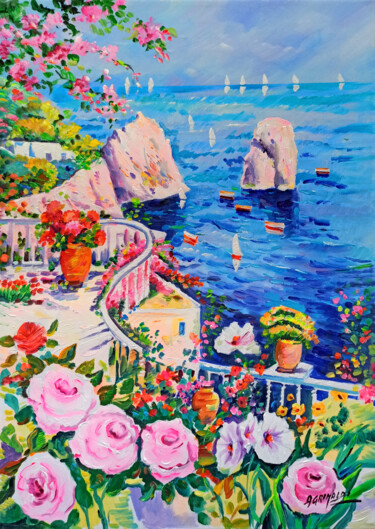 Painting titled "Capri roses - Italy" by Alfredo Grimaldi, Original Artwork, Oil Mounted on Wood Stretcher frame