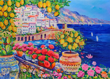 Painting titled "Lemons of Amalfi -…" by Alfredo Grimaldi, Original Artwork, Oil Mounted on Wood Stretcher frame