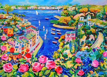 Painting titled "Portofino Gulf" by Alfredo Grimaldi, Original Artwork, Oil Mounted on Wood Stretcher frame