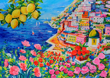 Painting titled "Colors of Positano…" by Alfredo Grimaldi, Original Artwork, Oil Mounted on Wood Stretcher frame