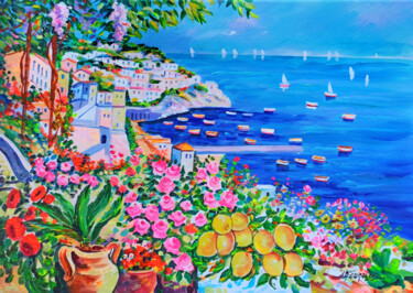 Painting titled "Blooming in Amalfi…" by Alfredo Grimaldi, Original Artwork, Oil Mounted on Wood Stretcher frame