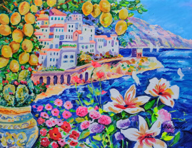 Картина под названием "Amalfi lemons on se…" - Alfredo Grimaldi, Подлинное произведение искусства, Масло Установлен на Дерев…