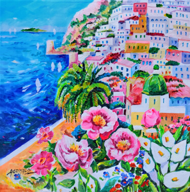 Painting titled "Positano in bloom -…" by Alfredo Grimaldi, Original Artwork, Oil Mounted on Wood Stretcher frame