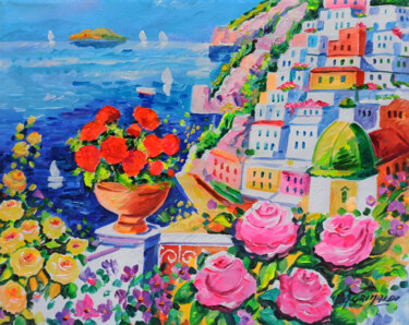 Painting titled "Positano with roses…" by Alfredo Grimaldi, Original Artwork, Oil Mounted on Wood Stretcher frame